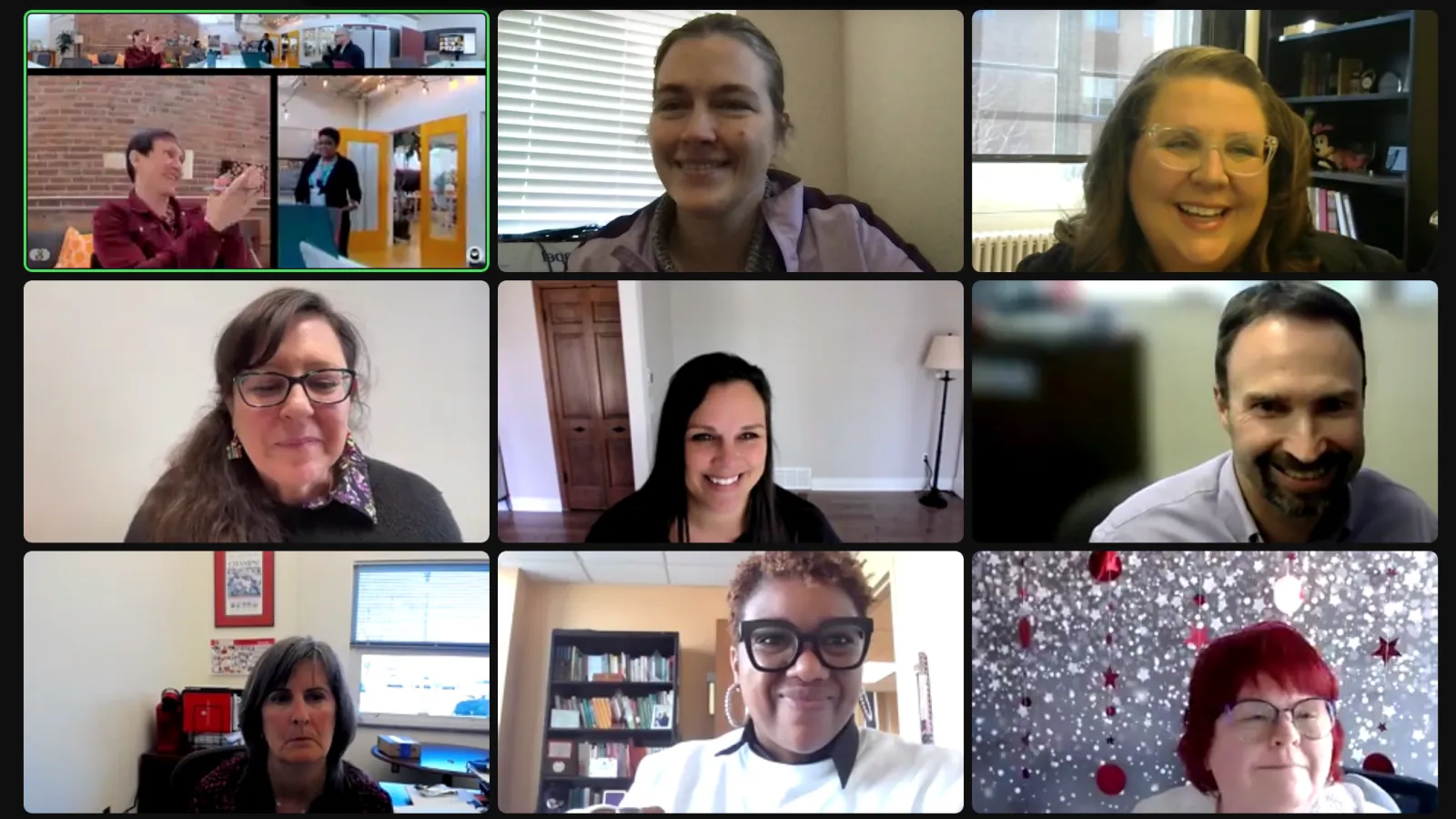 A zoom call capturing the moment Charlene Brenner was awarded the Distinguished Staff Award