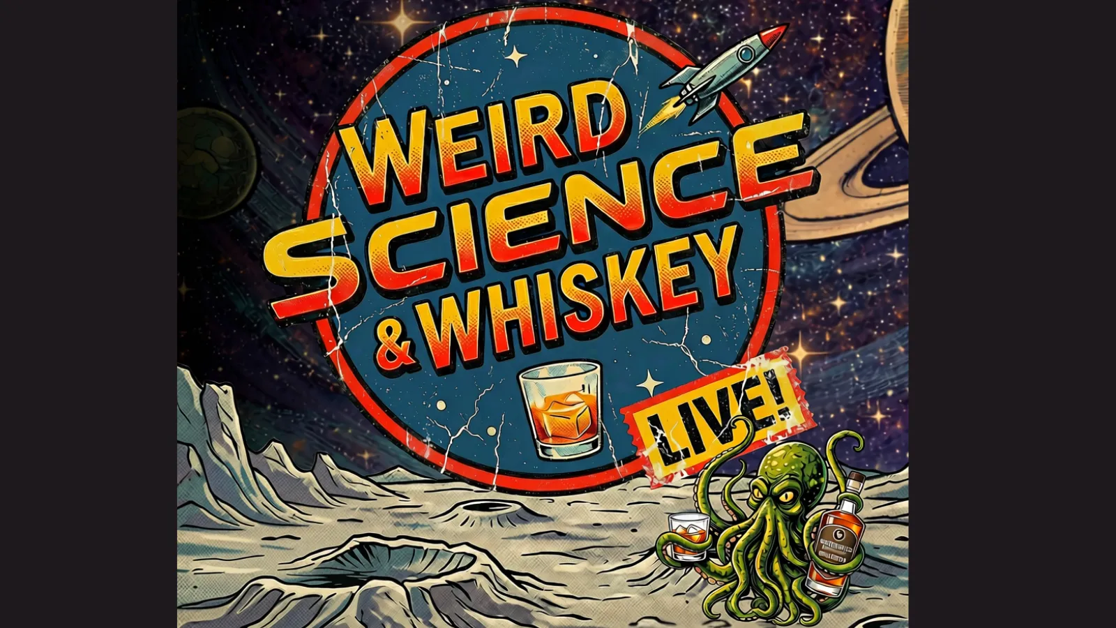 Outer space background with an octopus holding a mixed drink and a bottle of whiskey with the text Weird Science and Whiskey Live